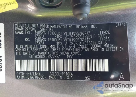 2012 Toyota Sienna Xle V6 8 Passenger from USA, damaged, VIN 5TDYK3DCXCS277727
